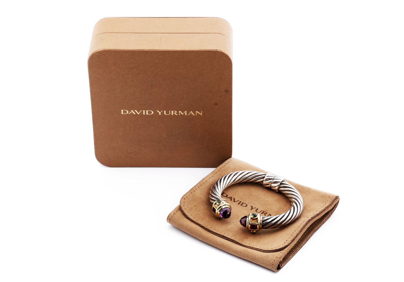 David Yurman Renaissance Sterling Silver & 14K Gold Gemstone Cuff Bracelet: Title: David Yurman Renaissance Sterling Silver & 14K Gold Gemstone Cuff Bracelet Metal: 925 Sterling silver and 14K yellow gold Gemstones: Amethyst, garnet, and diopside