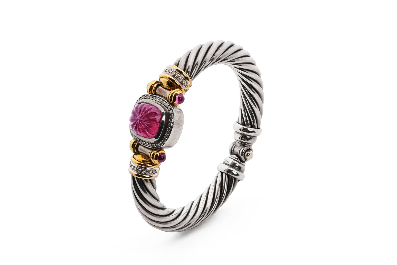 David Yurman Sterling Silver, 18K Gold & Tourmaline Cable Bracelet: Title: David Yurman Sterling Silver, 18K Gold & Tourmaline Cable Bracelet Metal: Sterling silver and 18K yellow gold Gemstones: Tourmaline, green gemstone accents, and diamonds <