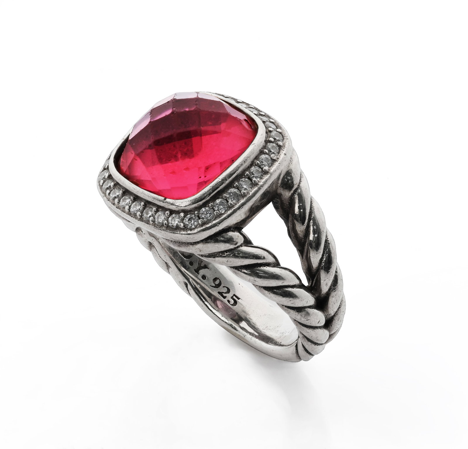 David Yurman, Albion Sterling Silver Ring Pink Tourmaline & Diamonds: Title: David Yurman, Albion Ring with Pink Tourmaline & Diamonds Medium: Sterling Silver 925 with Pink Tourmaline and Diamonds Dimensions: Size 8.25; Center stone approx. 20 mm <