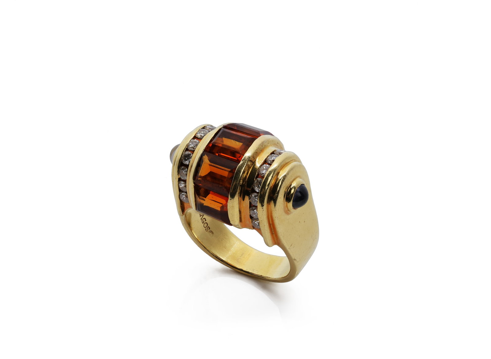 Lagos 18K Yellow Gold Citrine, Sapphire & Diamond Cocktail Ring: Title: Lagos 18K Yellow Gold Citrine, Sapphire & Diamond Cocktail Ring Metal: 18K yellow gold Total Weight: 15.28 grams Ring Size: 7 Marks: