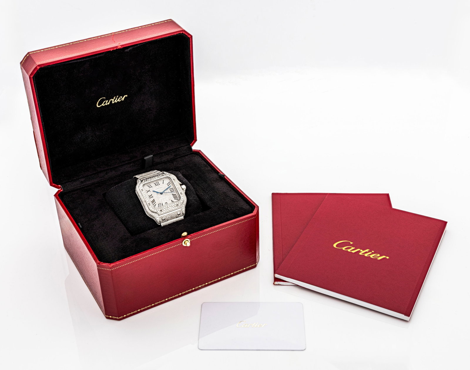 Santos de Cartier Large 41mm WSSA0018 Iced Out approx.tw 29.28 ct Pave-Set custom Diamonds: Brand: Cartier Model: Santos de Cartier Large Model Material: approx. 29.28 CT Pave-Set Natural Diamonds, Stainless Steel, fully aftermarket pave-set with diamonds (case, dial, and bra
