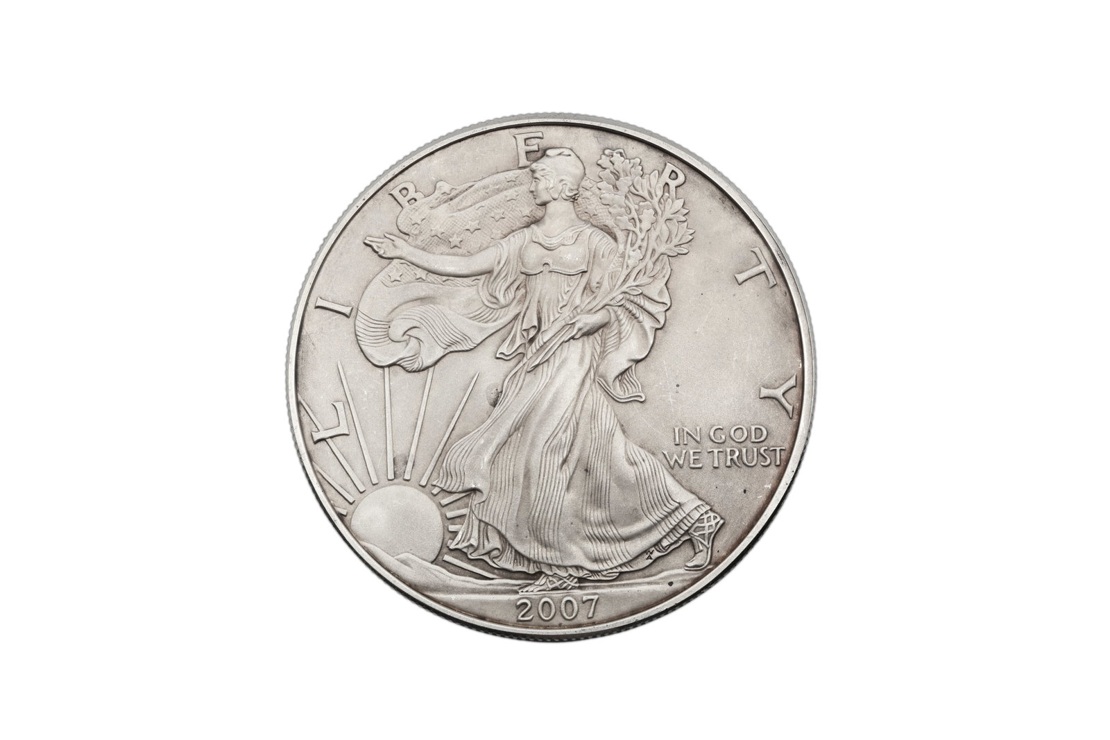 2007 American Silver Eagle $1 One-Ounce Fine Silver Coin: Title: 2007 American Silver Eagle $1 One-Ounce Fine Silver Coin Origin, Year: United States, 2007 Denomination: $1 Material: .999 Fine Silver Weigh