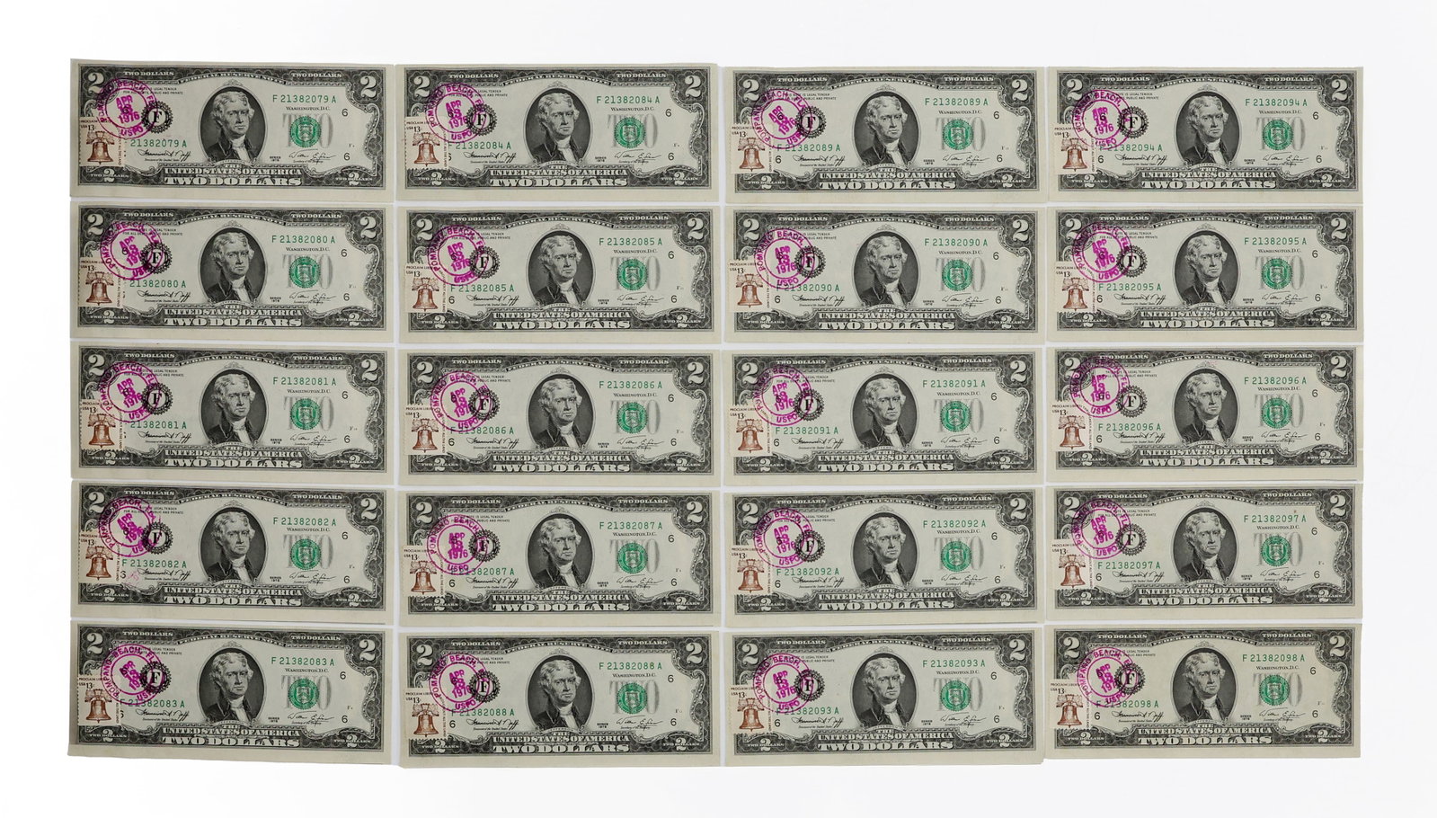 20 Consecutive 1976 $2 Bicentennial Notes with Stamps & First Day Postmarks (1 of 5)