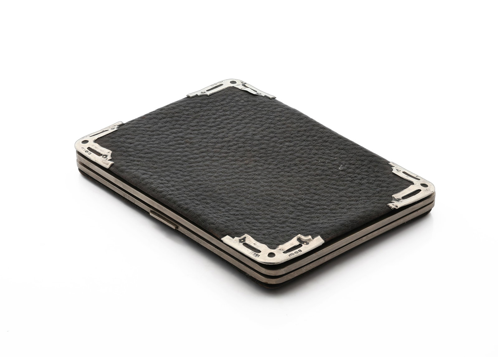 Antique English Sterling Silver & Leather Calling Card Case Wallet: Description: Elegant antique English calling card case or wallet crafted with a black textured leather exterior and fitted with finely made sterling silver (.925) corner mounts. The silver mounts are 