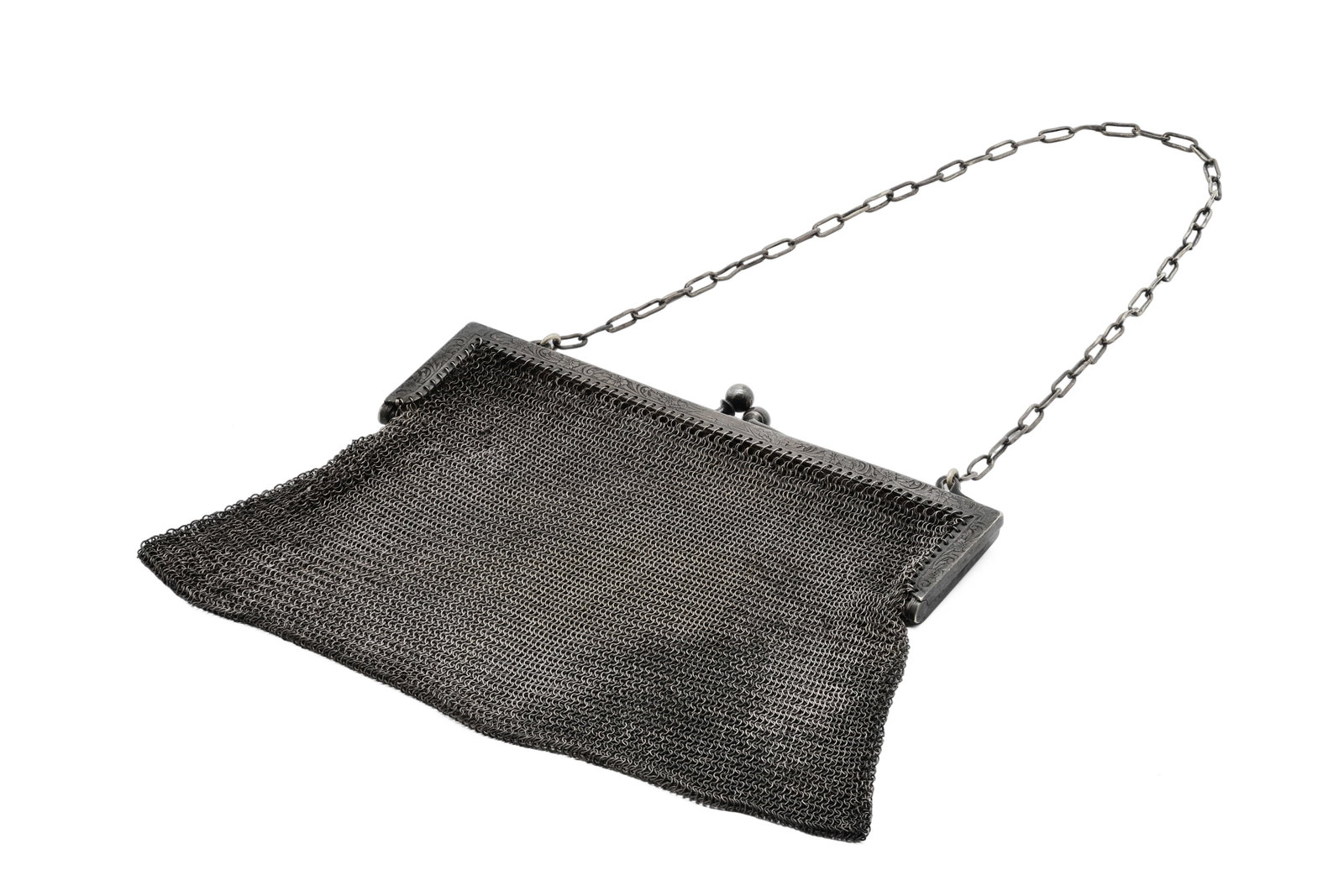 An Edwardian Art Nouveau Sterling Silver Mesh Evening Purse: Title: An Edwardian Art Nouveau Sterling Silver Mesh Evening Purse Circa: circa 1910 - 1930s Materials: Silver (high-grade alloy, tested, un-hallmarked) Dimensions: