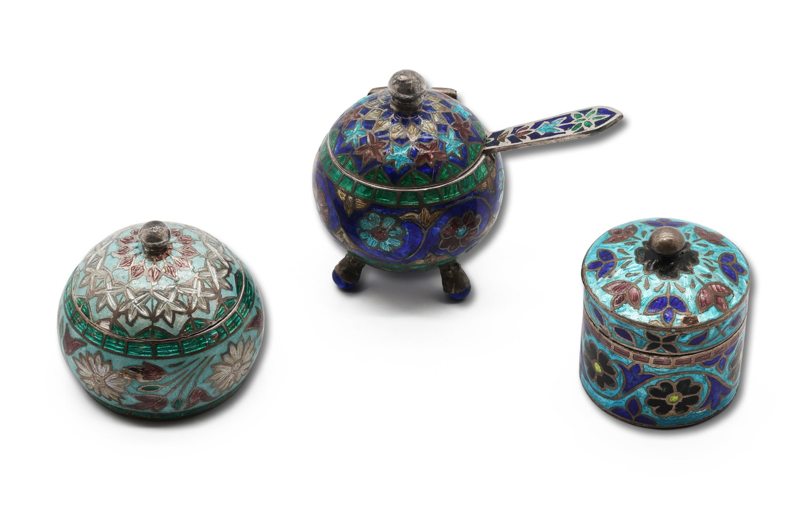 Set of Three Indian 925 Silver & Enamel Condiment Boxes with Spoon (1 of 7)