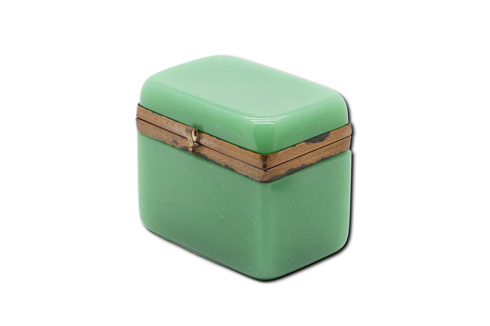 French Green Opaline Glass & Gilt Bronze Casket Box: Title: French Green Opaline Glass & Gilt Bronze Casket Box Circa: Late 19th – Early 20th Century Origin: France Material: Green opaline glass with gilt