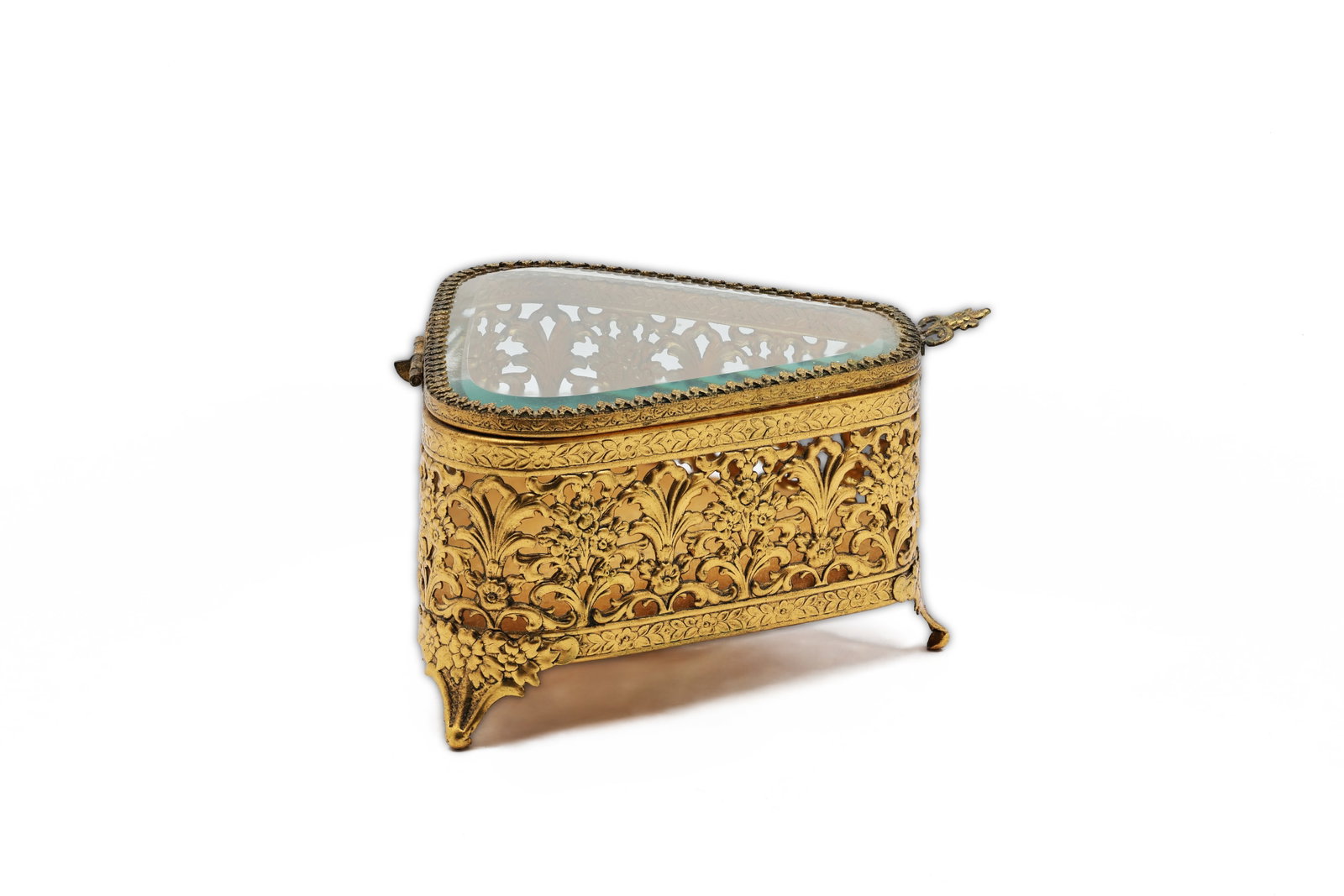 Antique Style Gilt Metal and Glass Jewelry Casket / Display Box: Title: Vintage Gilt Metal and Glass Triangular Jewelry Casket / Display Box Circa: likely produced in the 1950s - 1960s during the Hollywood Regency era. Dimensions: approx. 5 in. L x 4.