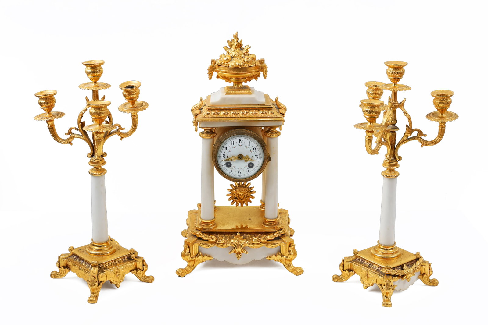 French Neoclassical Ormolu Portico Clock & Candelabra, 19th Century: Title: French Neoclassical Ormolu Portico Clock Garniture Set, 19th Century Origin: European Materials: Gilt bronze / gilt metal, white marble or alabaster, enamel Dimens