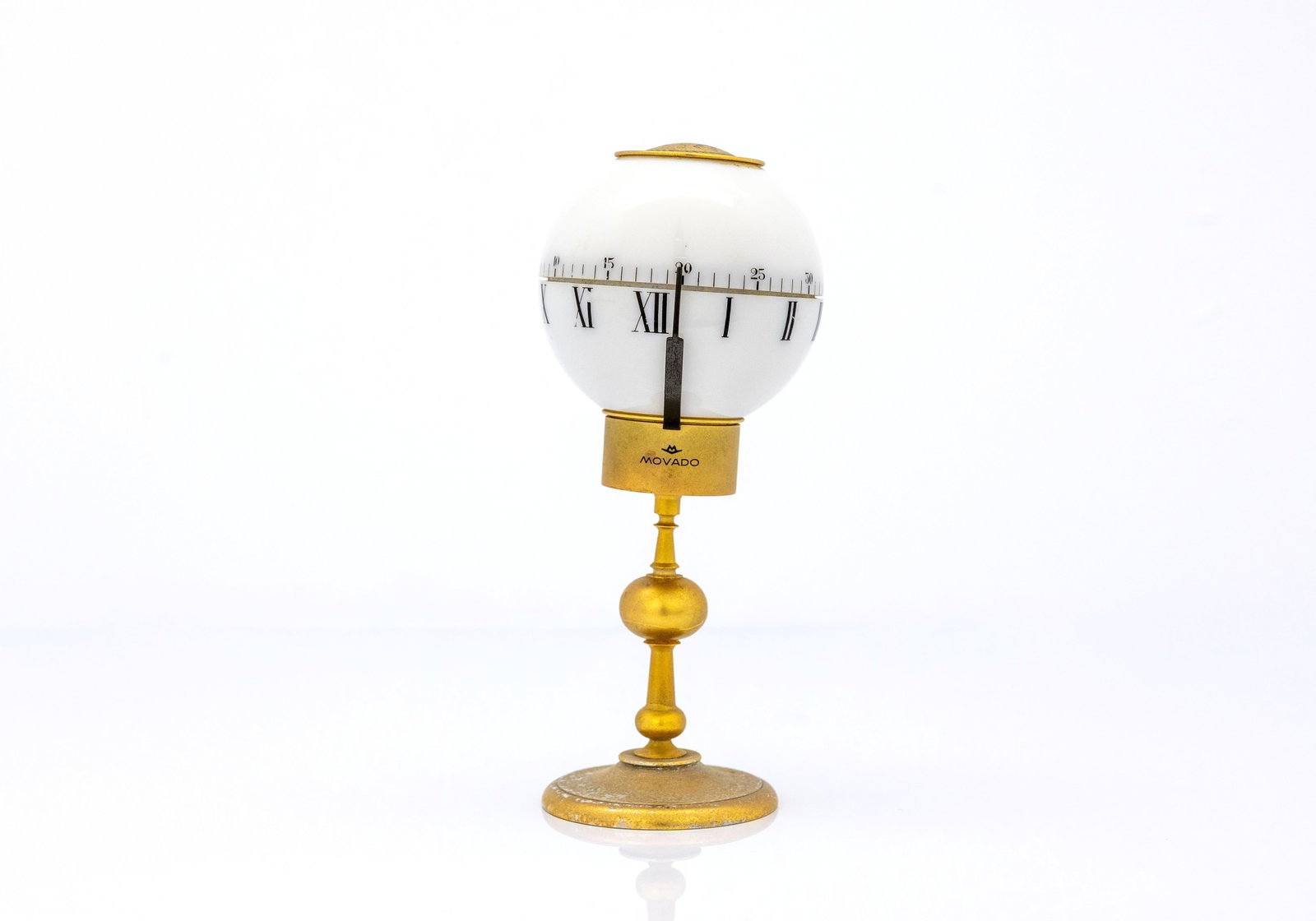 Rare Imhof-Movado "Tempus Fugit" Globe Desk Clock: Title: Rare Imhof?Movado ?Tempus Fugit” Globe Desk Clock, 8-Day Movement Origin, Year: Switzerland, 1960?1969 Material: Glass globe, gilt brass stand and components