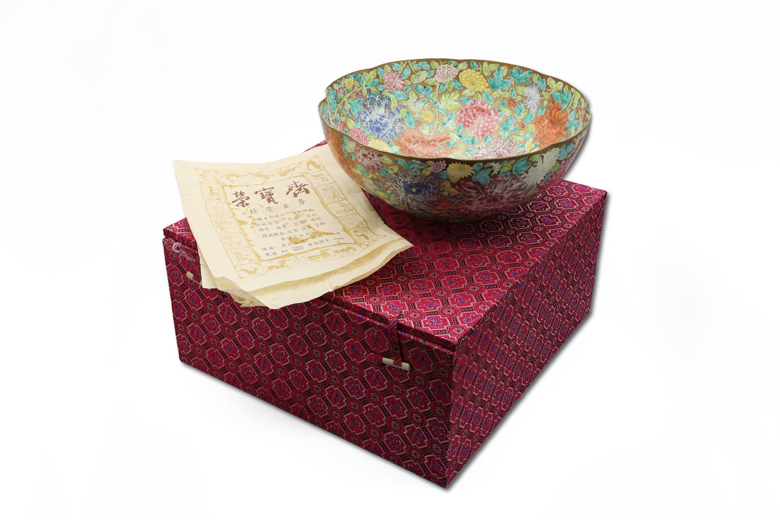 Chinese Famille Rose Millefleurs Large Bowl Qianlong Mark: Title: Large Chinese Famille Rose Millefleurs Bowl, Qianlong Mark, Box Origin: China Decoration: Famille Rose Millefleurs (Thousand Flowers) Material: Porcelain