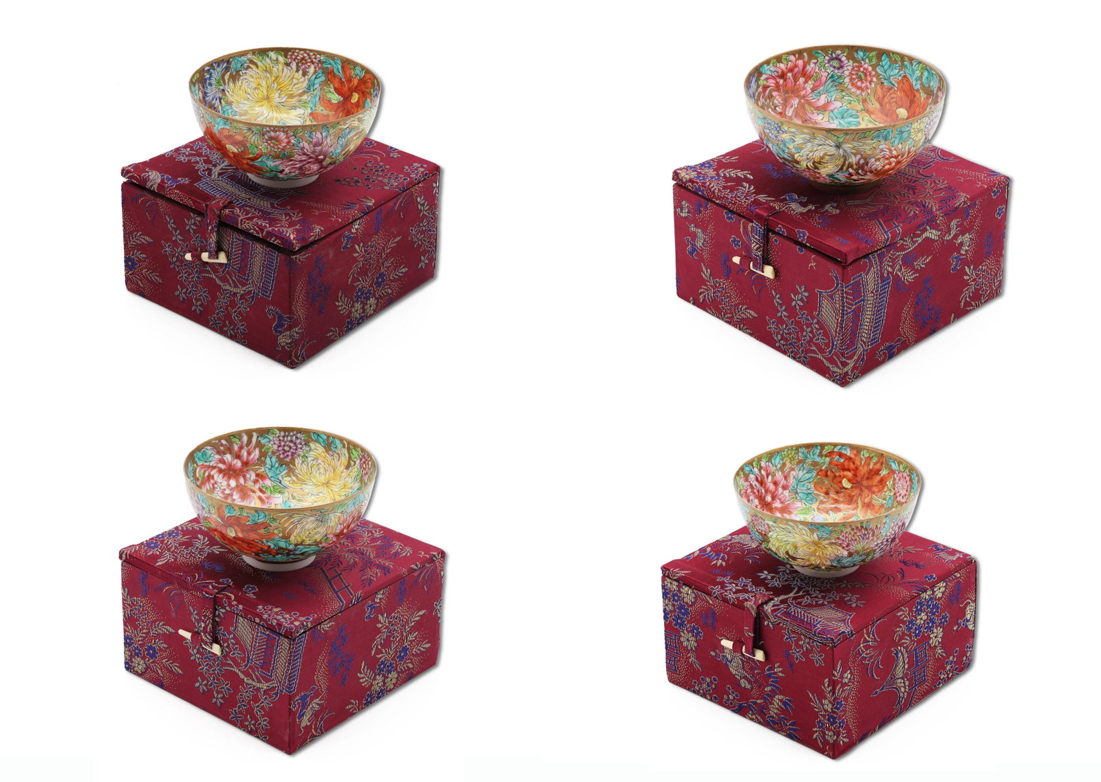 Set of Four Chinese Famille Rose Millefleurs Porcelain Bowls, Qianlong Marks: Title: Set of Four Chinese Famille Rose Millefleurs Porcelain Bowls, Qianlong Marks, Boxes Origin: China Size: Each 4 × 2 in. Decoration: Famille Rose Mill