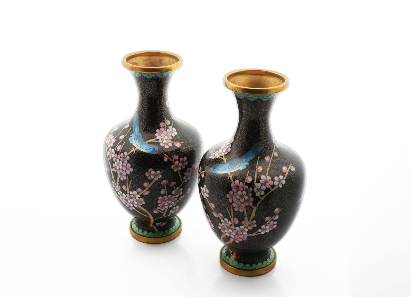 Pair of Vintage Chinese Cloisonn? Enamel Vases with Birds & Blossoms: Title: Pair of Vintage Chinese Cloisonné Enamel Vases with Birds & Blossoms Circa: circa 1960 – 1980 Material: Cloisonné enamel over metal with gilt-metal rims