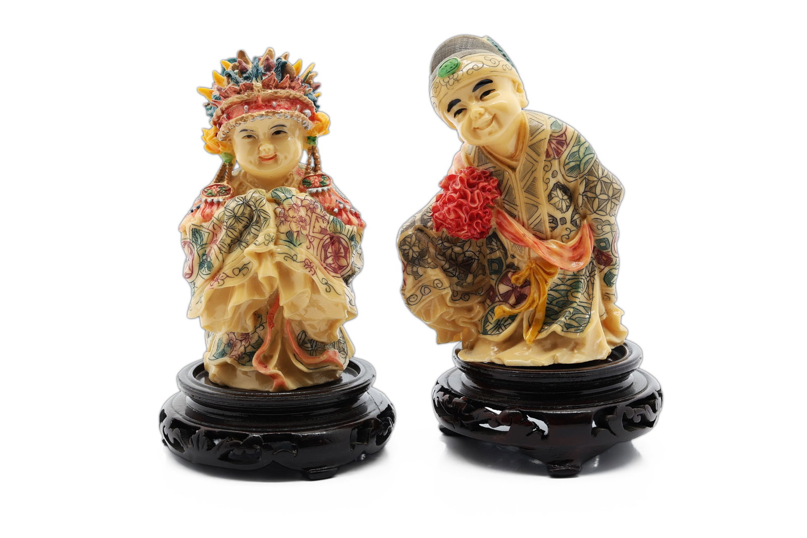 Pair of Chinese Polychrome Carved Wedding Figures, Bride & Groom: Title: Pair of Chinese Polychrome Carved Wedding Figures, Bride & Groom Origin: China Material: Polychrome carved resin/composite Height: 4.5 in. each