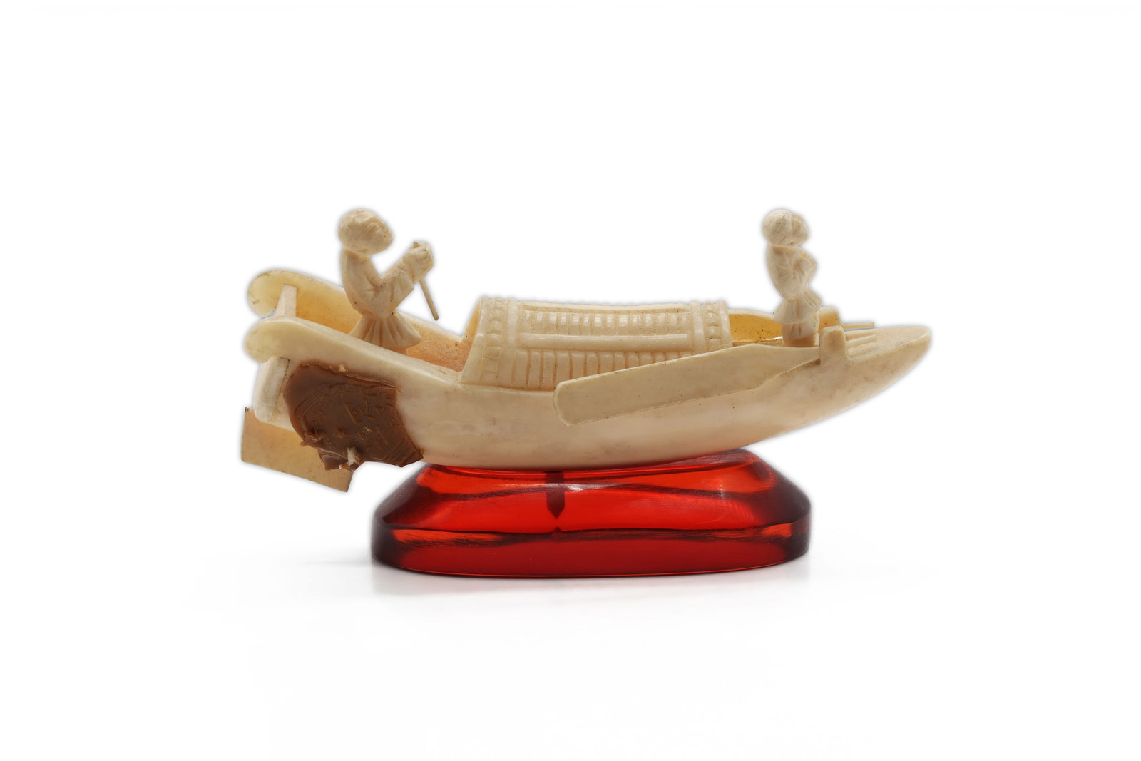 Vintage Chinese Carved Bone Sampan Fishing Boat Miniature: Title: Vintage Chinese Carved Bone Sampan Fishing Boat Miniature Origin: China Material: Carved bone; red resin/acrylic display base Dimensions: 3.5 in x 2 in x 1.2