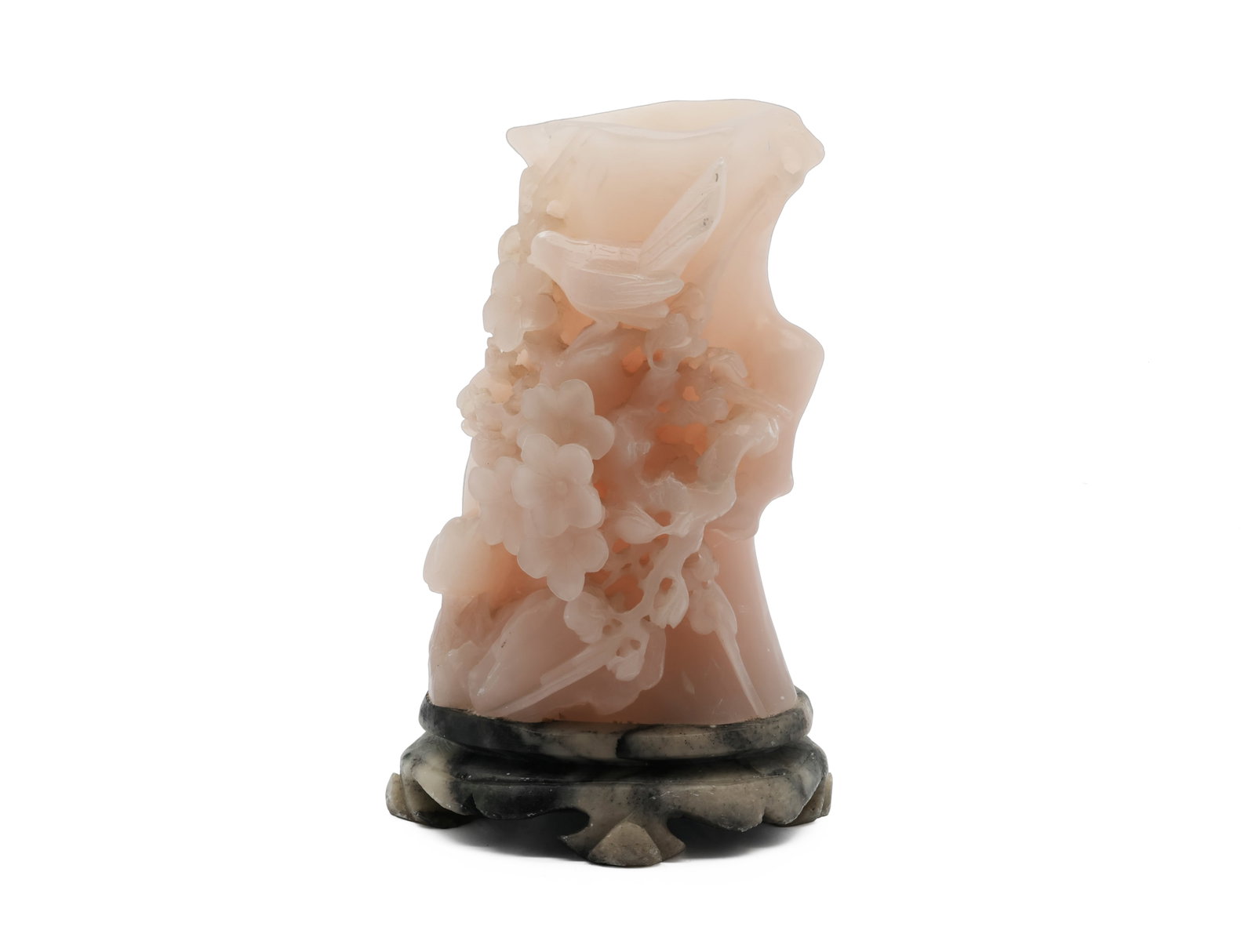 Vintage Chinese Carved Pink Hardstone Brush Pot with Birds and Flowers: Title: Vintage Chinese Carved Pink Hardstone Brush Pot with Birds and Flowers Origin, Circa: China, Mid to Late 20th Century Material: Pink hardstone; fitted carved dark hardstone stan