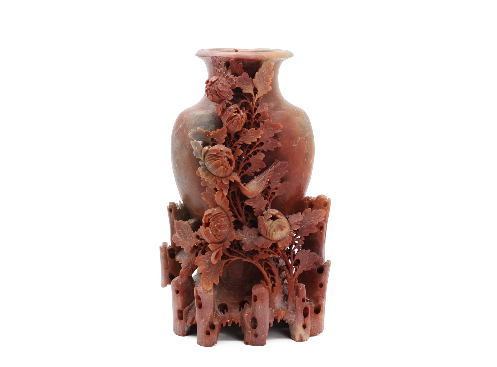 Chinese Carved Red Soapstone Vase with Floral, Bird and Bamboo Motif (1 of 7)