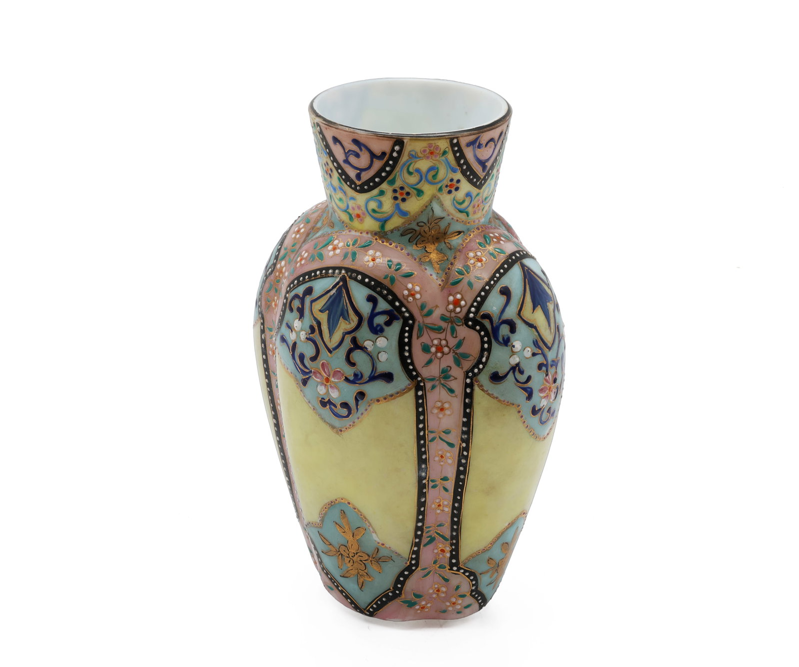 Attr to Thomas Webb & Sons, Victorian Moroccan Ware Opaline Glass Vase, c. 1880?1900: Title: Antique Victorian Moroccan Ware Enameled Opaline Glass Vase, Attributed to Thomas Webb & Sons Material: Opaline glass with hand-painted polychrome enamels and gilt decoration Weight:</
