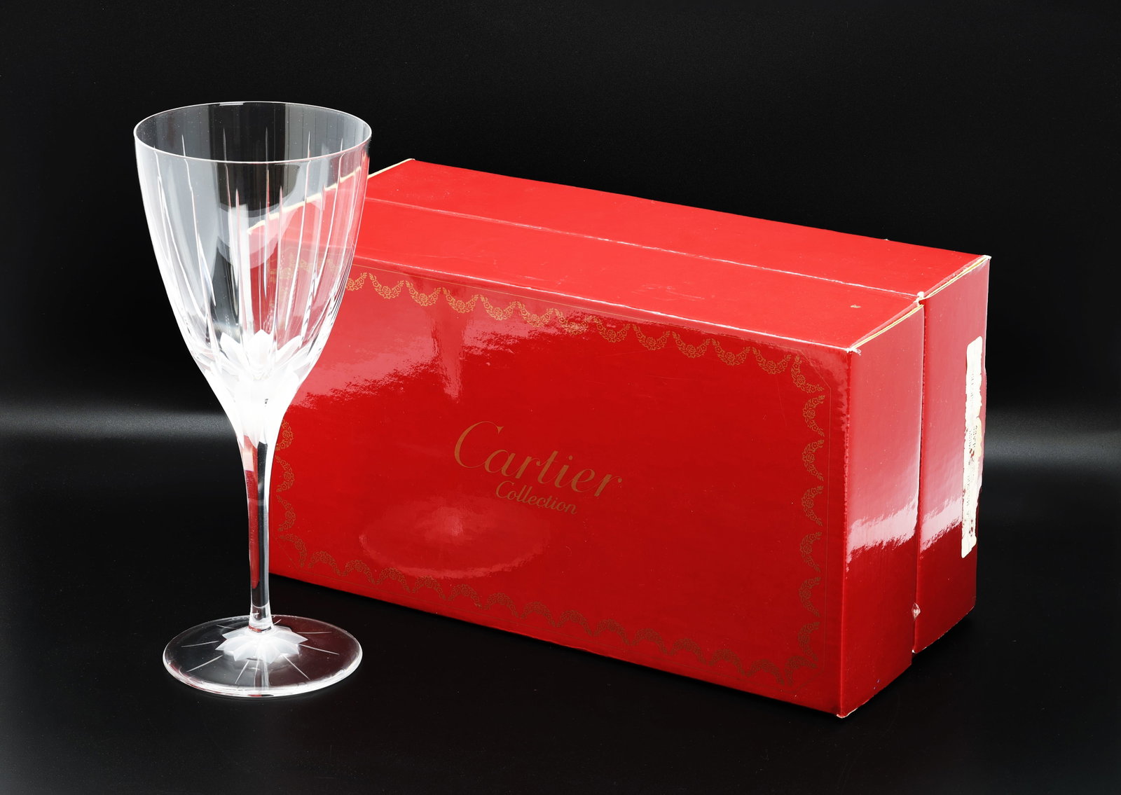 Cartier Collection Cut Crystal Wine Goblet with Original Box: Title: Cartier Collection Cut Crystal Wine Goblet with Original Box Origin: France Material: Clear Cut Crystal Mark: Etched Cartier signature to the foot <
