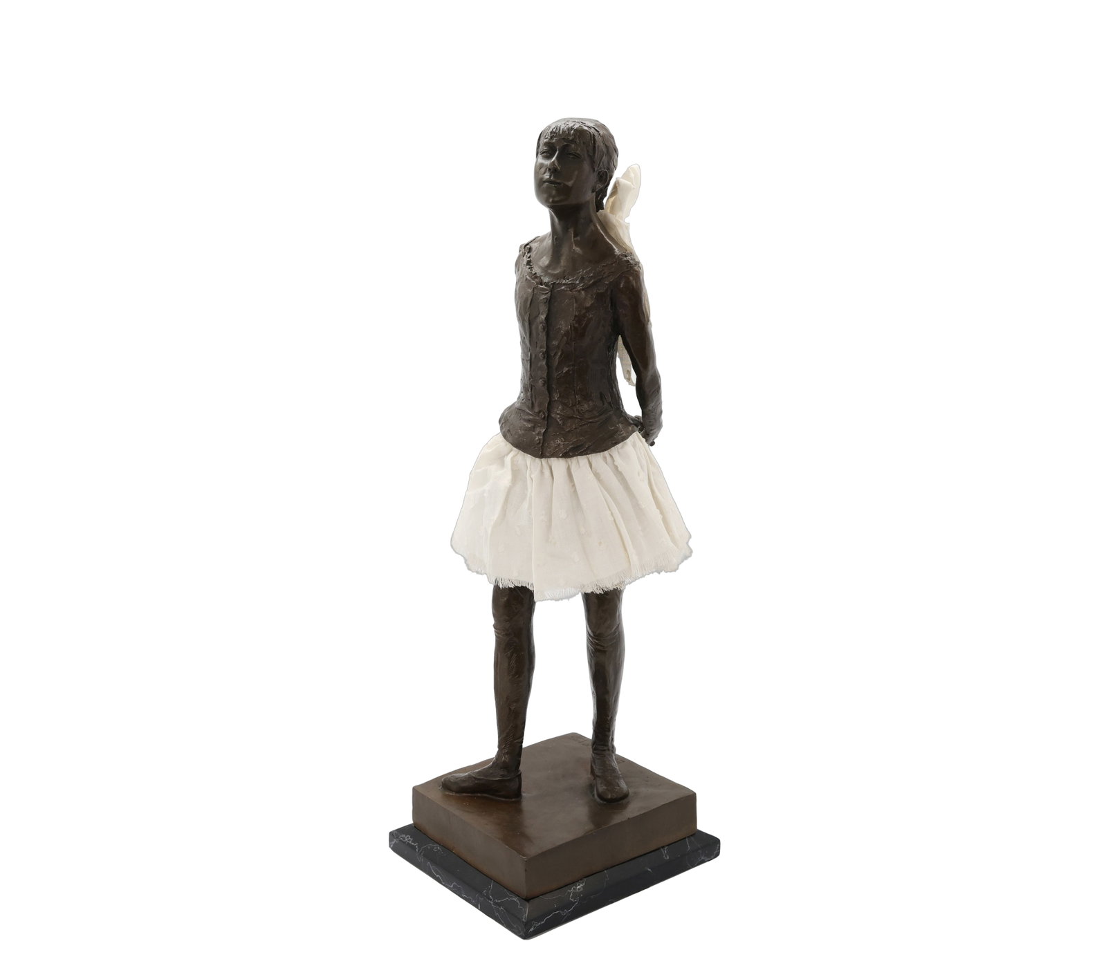 After Edgar Degas, Bronze-Patinated Ballerina Sculpture with Fabric Skirt: Title: After Edgar Degas, Bronze-Patinated Ballerina Sculpture with Fabric Skirt Weight: 3950 grams total Dimensions: approx. 18" H including base Description: A de