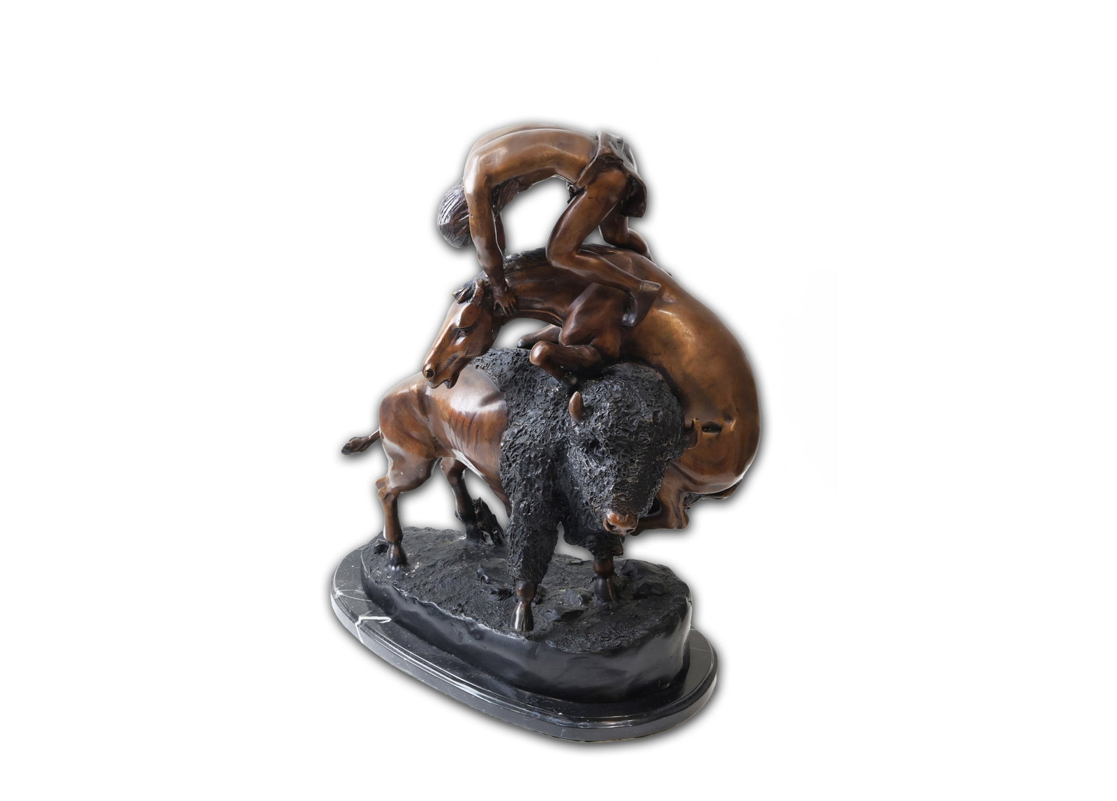 After Frederic Remington, The Buffalo Horse, Large Bronze Sculpture: Title: After Frederic Remington, The Buffalo Horse, Bronze Sculpture Circa: Late 20th Century Dimensions: 21 x 24 x 11 in. Medium: Patinated bronze on black marb