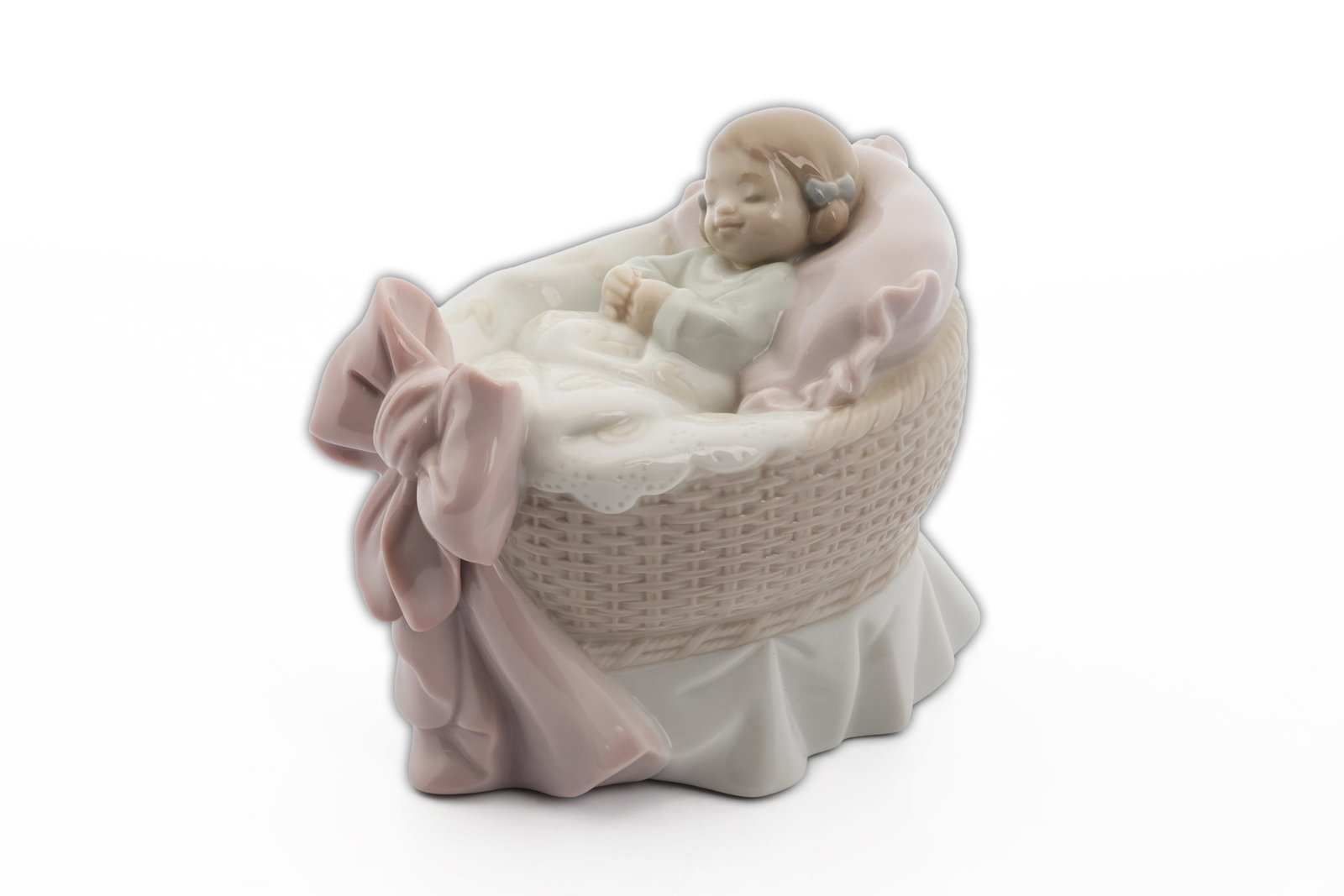 Lladro - A New Treasure - Sleeping Baby in Basket Porcelain Figurine, No. 6977: Title: Lladro - A New Treasure - Sleeping Baby in Basket Porcelain Figurine, No. 6977 Maker: Lladró, Spain Title: A New Treasure, Model No.: 6977 Sculptor: V