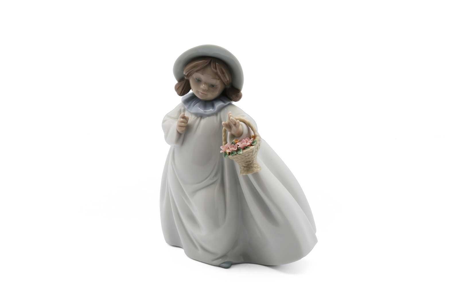 Lladro ? Dreams - Girl with Flower Basket Porcelain Figurine, No. 6684: Title: Lladro – Dreams - Girl with Flower Basket Porcelain Figurine, No. 6684 Maker: Lladró, Spain Title: Dreams / Mimosa Soñadora, Model No.: 6684 Sculp