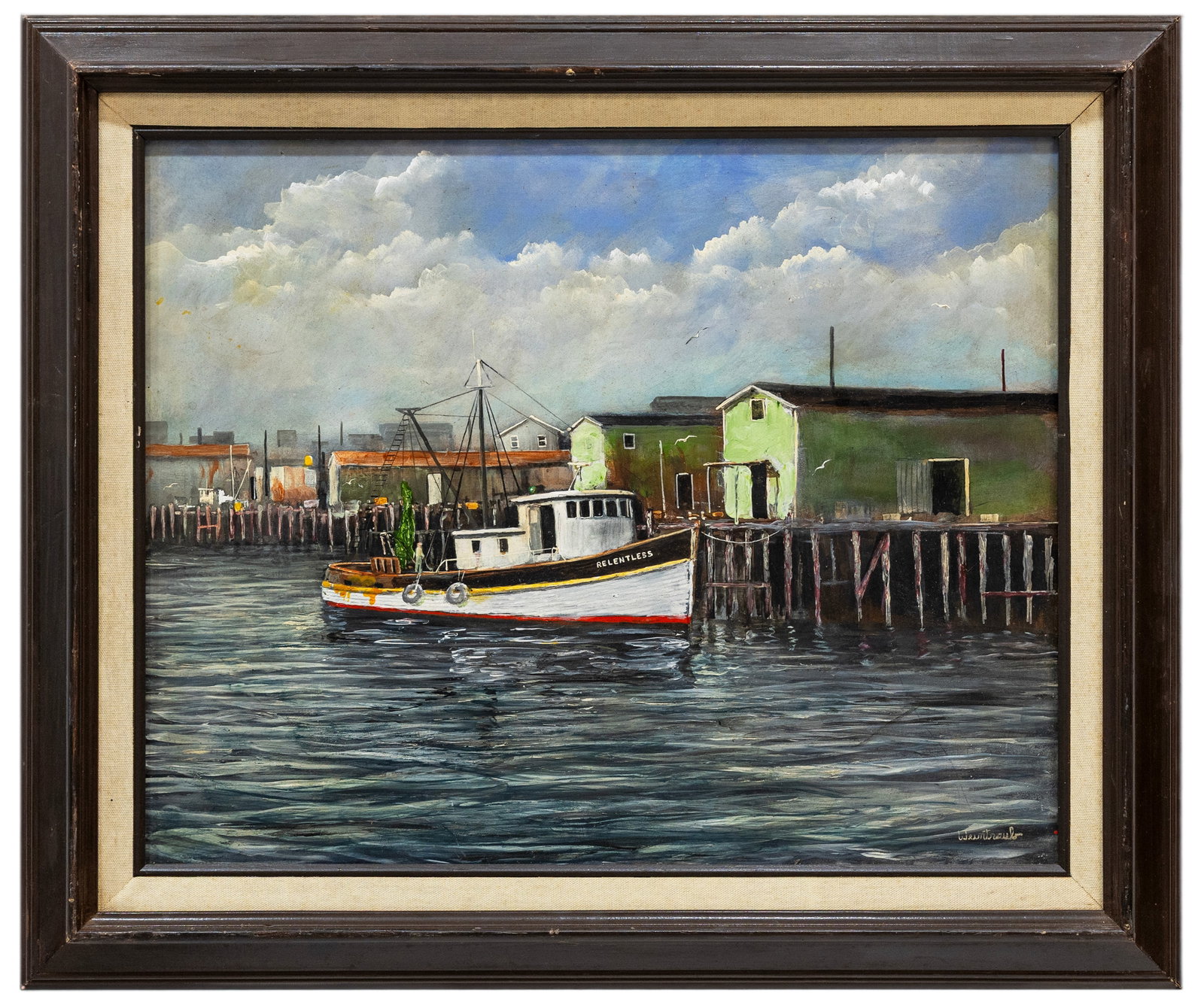 Herbert Weintraub (American, 1934-2019 Relentless at the Wharf, Oil on Board: Artist, Year, Title: Herbert Weintraub (American, 1934–2019), Relentless at the Wharf Medium: Oil on Board Dimensions: Framed 25" × 21" Provenance: Private colle