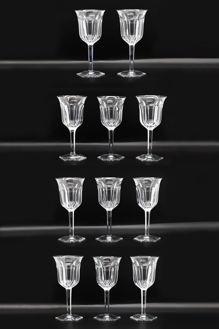 Baccarat France Malmaison Crystal Tall Water Goblets, Set of 11: Maker: Baccarat, France Pattern: Malmaison Quantity: 11 goblets Material: Blown and cut clear crystal Height: 8 1/4 in each
