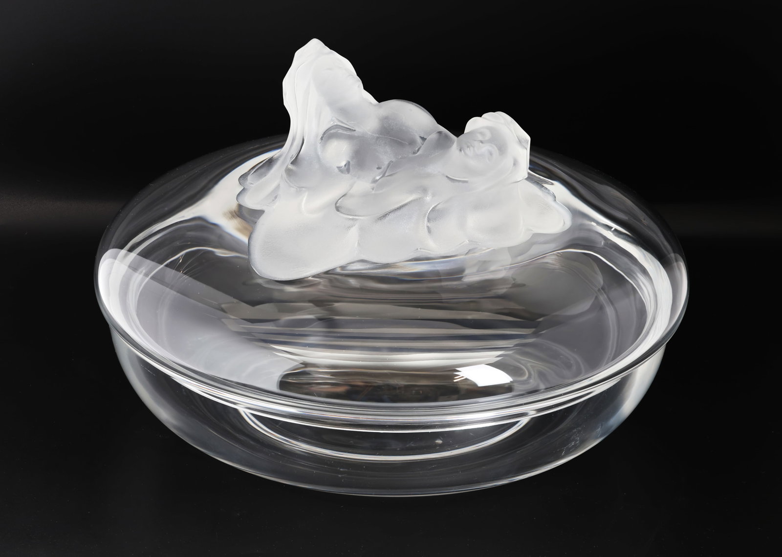 Lalique France Ophelie Crystal Covered Bowl, 1980: Manufacturer: Lalique, France Model: Ophelie Material: Clear and frosted crystal Height: 6 1/4 in Diameter: 11 in Marks: