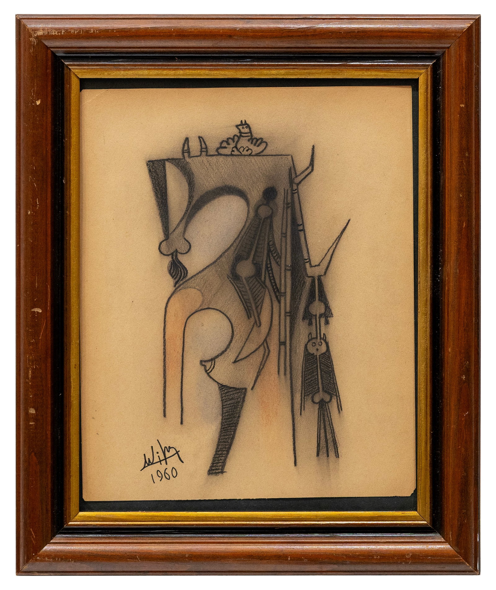 Attr to Wifredo Lam (Cuban, 1902–1982) Mixed Media on Paper: Artist, Title, Year: Attributed to Wifredo Lam (Cuban, 1902–1982) Figurative Composition, 1960 Medium: Mixed media on paper Dimensions: Framed 17.5 × 14.75 in.