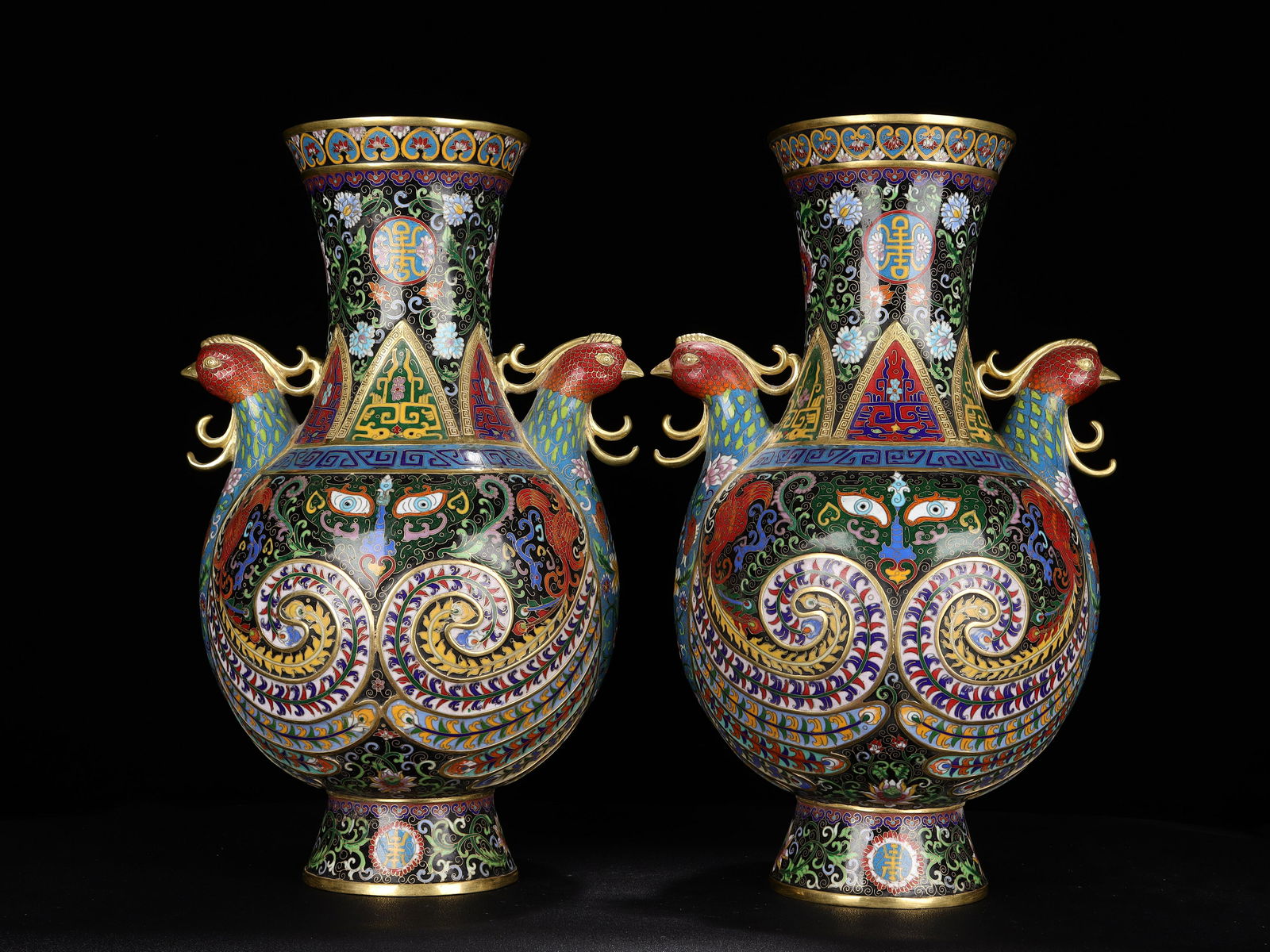 Two bronze cloisonne phoenix vases (1 of 9)