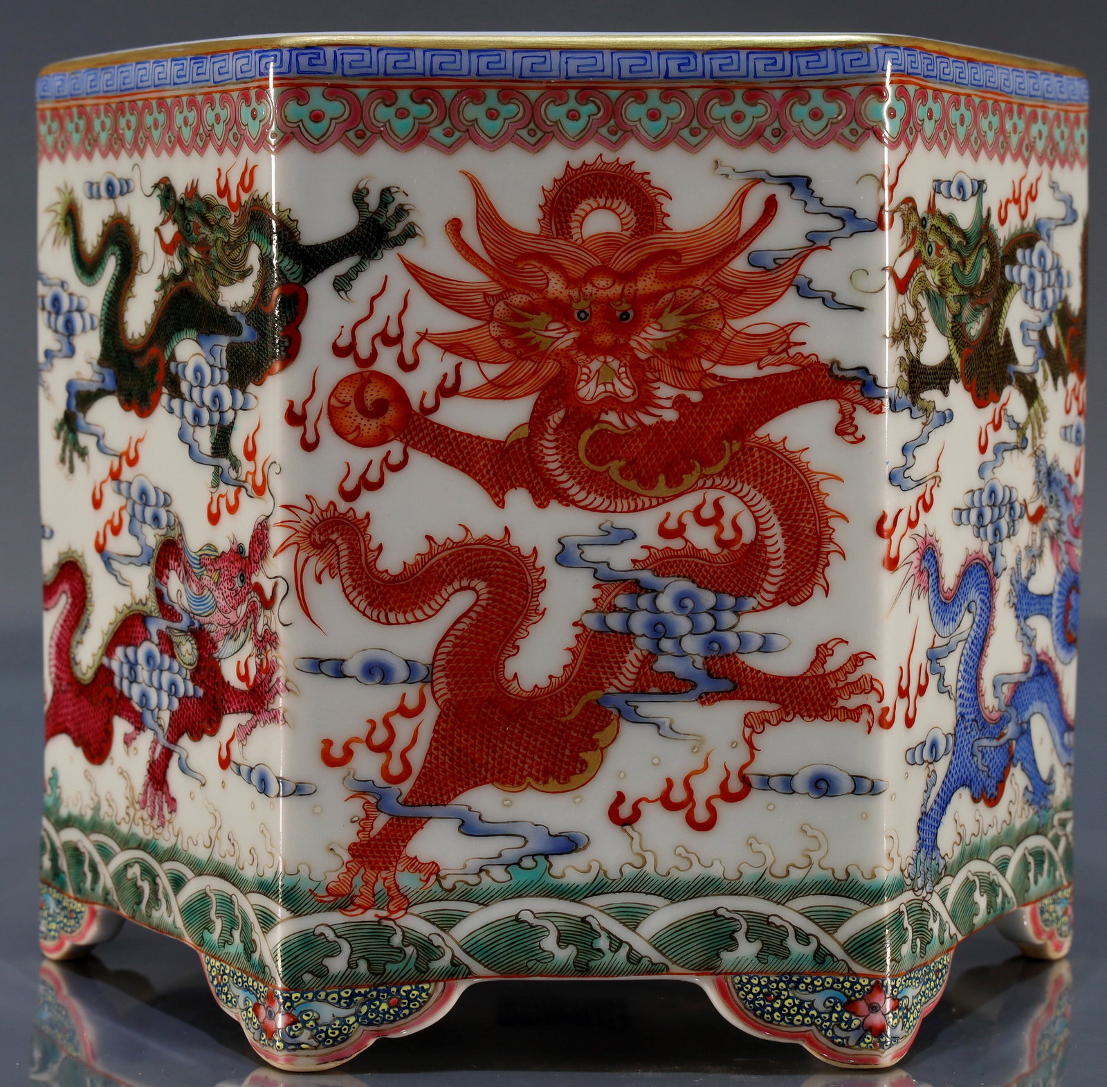 A blue and white famille-rose hexagonal brush pot with (1 of 7)