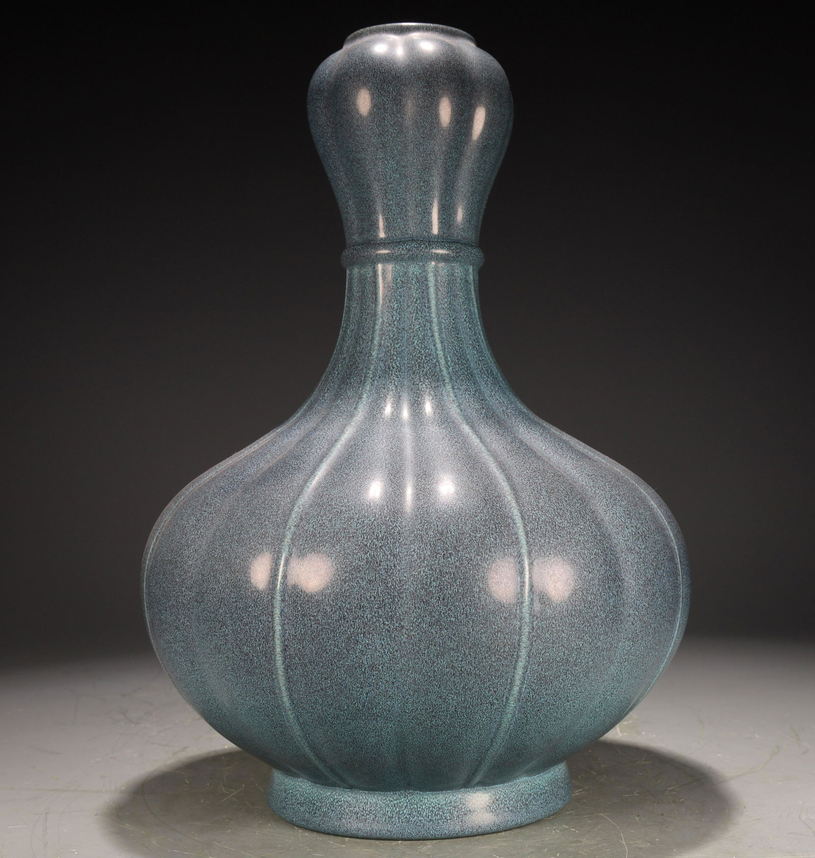 An Elaborate Robin's-Egg-Glazed Melon-Ridged Garlic-Form Vase (1 of 7)