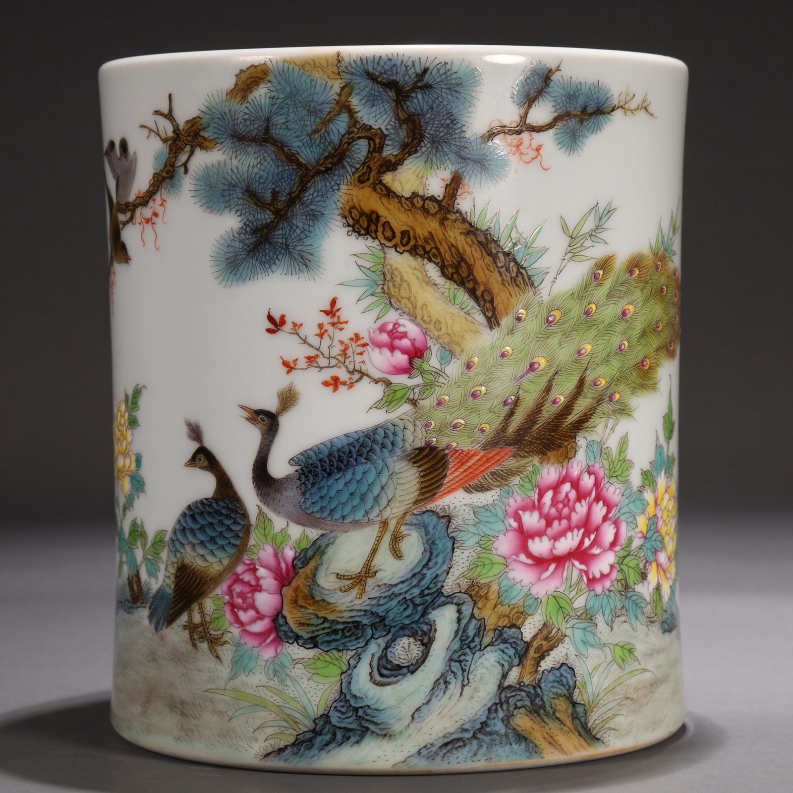 An Enameled 'Peacock, Flower, Poem' Brush Pot (1 of 9)