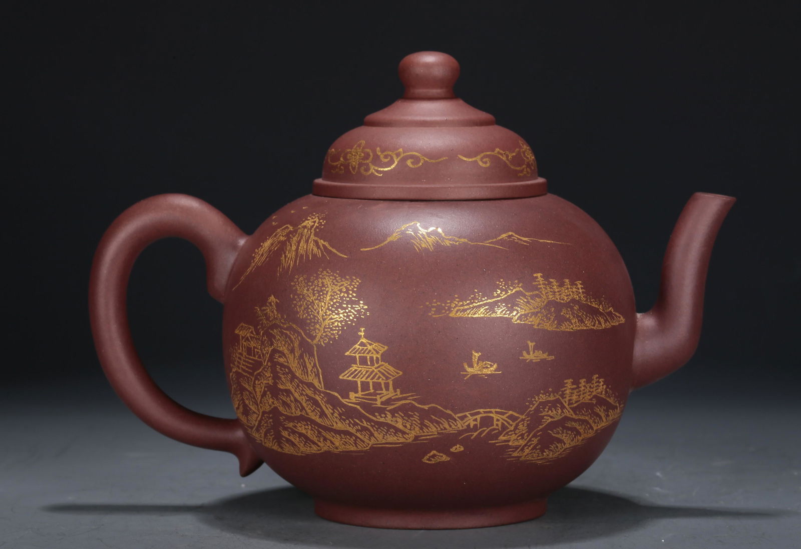 A Yixing Clay Gilded 'Landscape' Ewer With Poem Inscriptions (1 of 8)