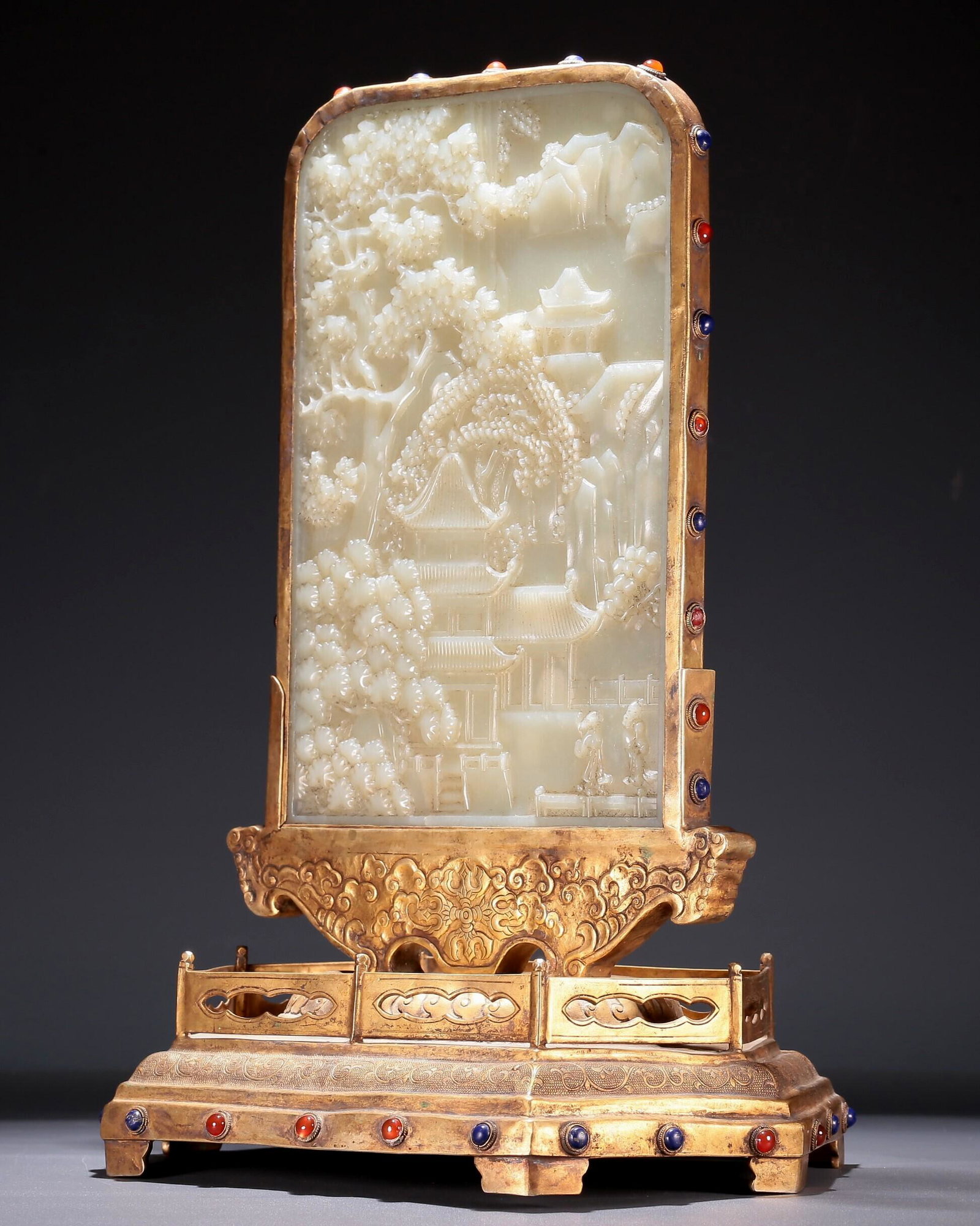 An Imperial White Jade 'Landscape& Figure' Table Screen With A Cloisonne Stand (1 of 8)