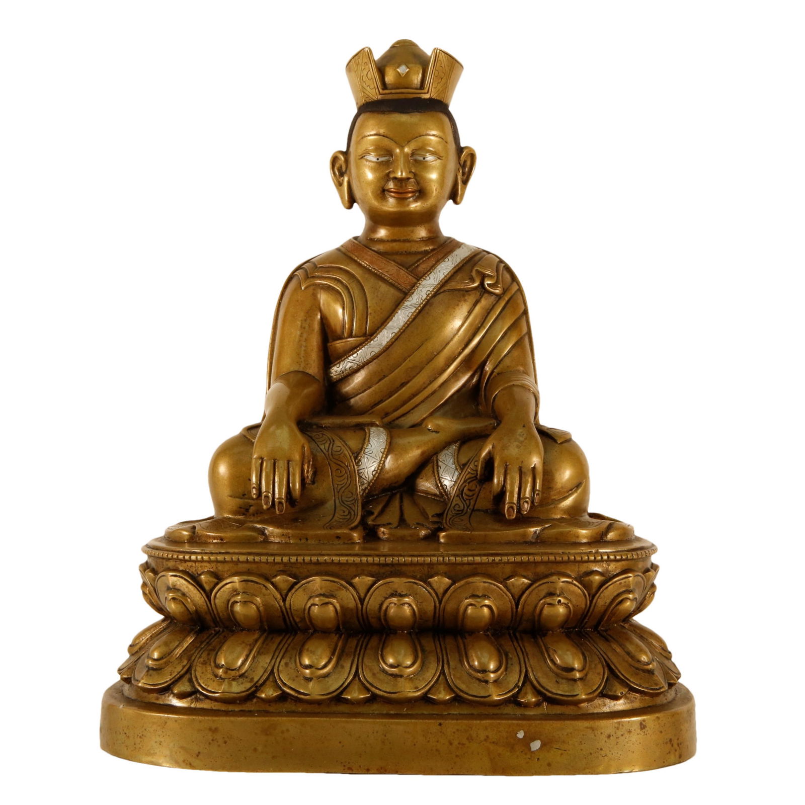 A Bronze Silver-Inlaid Figure Of Brog.Mi: A Bronze Silver-Inlaid Figure Of Brog.Mi. Seated on a lotus base, body rendered clad in a long robe. 17th Century. Size:21.5cmx16cmx26cm