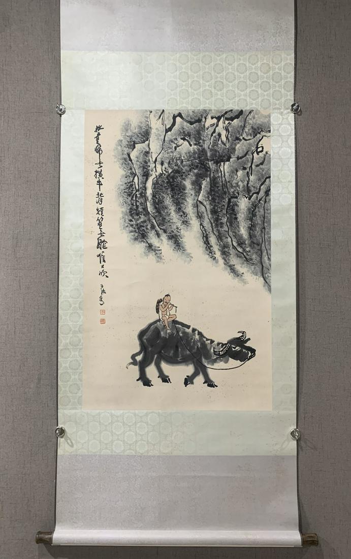 A Marvelous Chinese Ink Painting Hanging Scroll By Li Keran: A Marvelous Chinese Ink Painting Hanging Scroll By Li Keran: Herding Ink And Color on Paper. Size (Without Frame):95cmx59cm 李可染 牧牛图