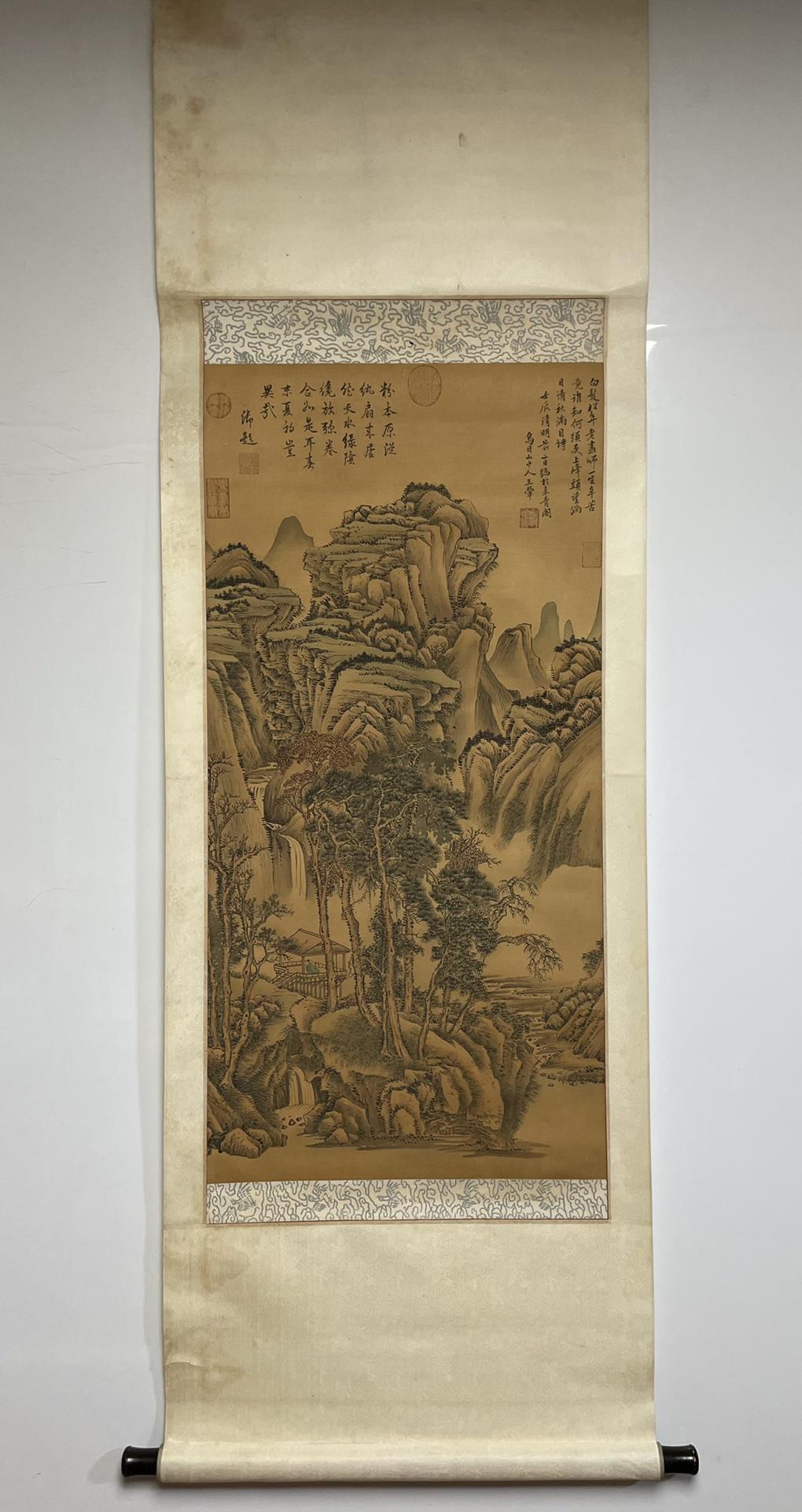 A Marvelous Chinese Ink Painting Hanging Scroll By Wang Hui: A Marvelous Chinese Ink Painting Hanging Scroll By Wang Hui: Mountain And Stream Ink And Color on Paper. Size (Without Frame):43cmx90cm 王翬 山水