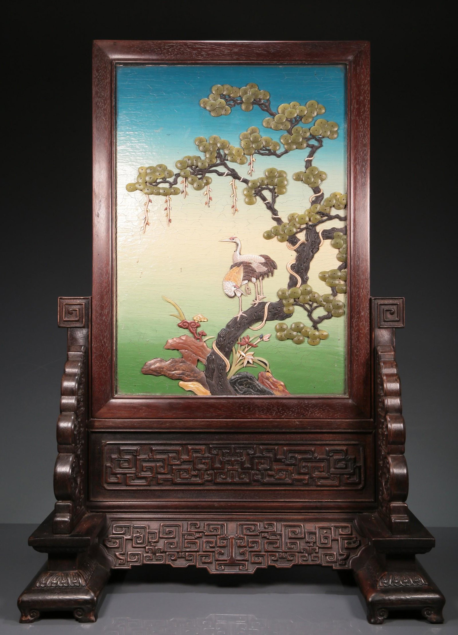 A Fabulous Zitanwood Gem-Inlaid Painted 'Pine& Crane' Table Screen (1 of 19)