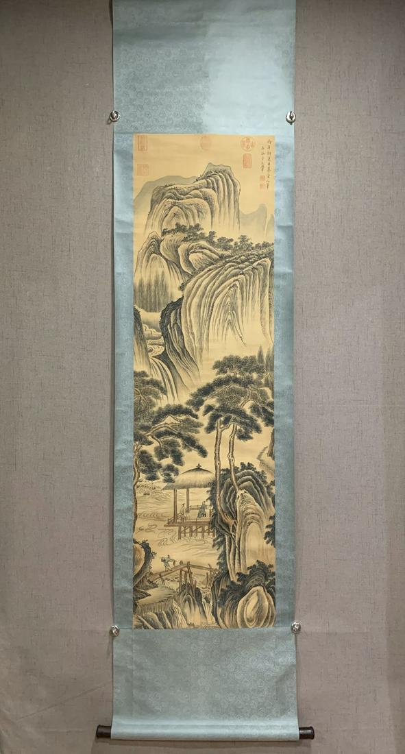 A Brilliant Chinese Ink Painting Hanging Scroll By Wang Hui: A Brilliant Chinese Ink Painting Hanging Scroll By Wang Hui: Landscape Ink And Color on Silk. Chinese Qing Dynasty. Size (Without Frame):155cmx45cm 王翬 山水绢本