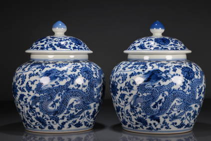 A Precious Pair Of Blue And White 'Dragon& Flower' Jars (1 of 8)