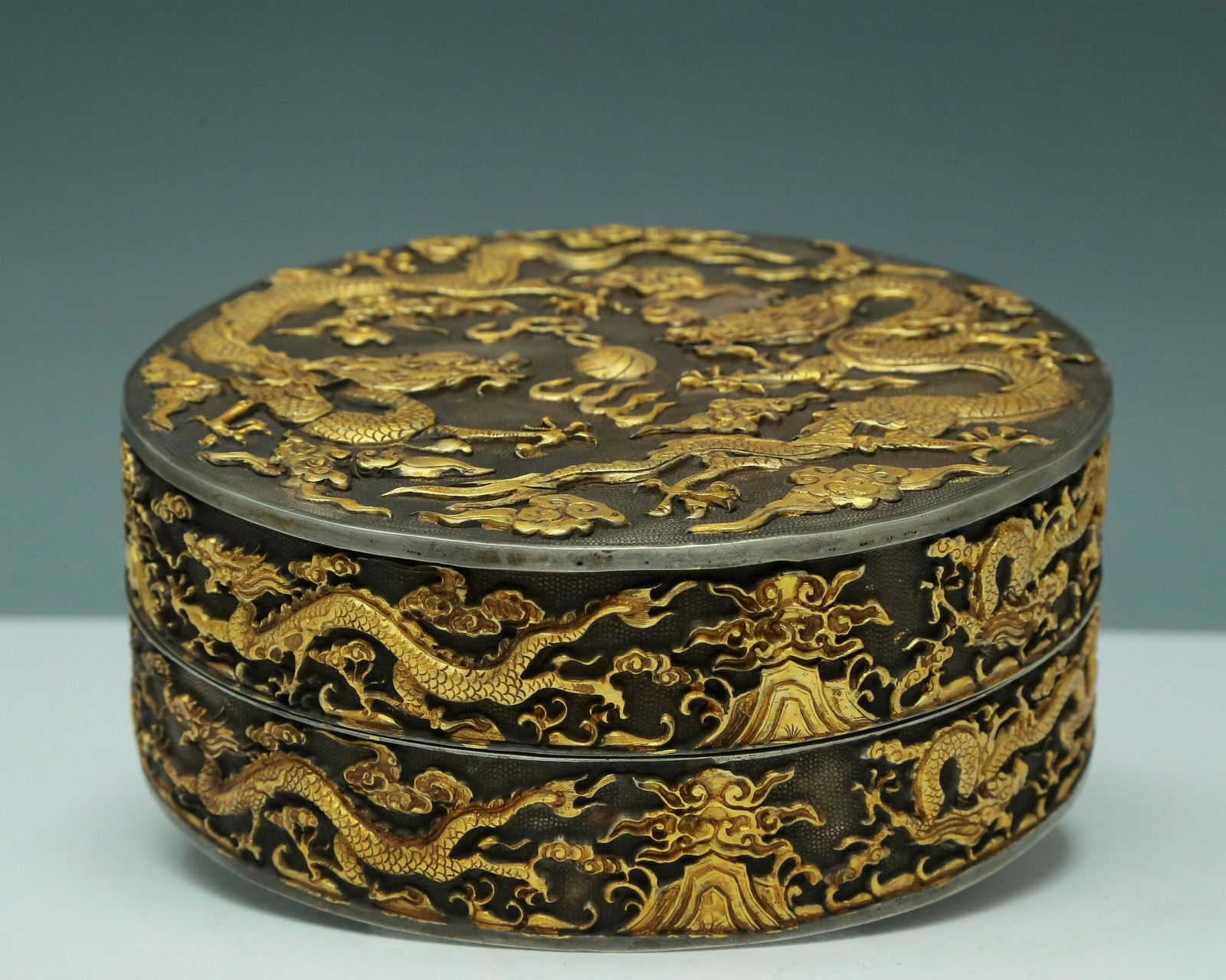 A Marvelous Gilt-Bronze Silver 'Dragon& Auspicious Cloud' Box (1 of 7)