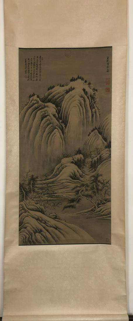A Chinese Ink Painting Hanging Scroll By Wang Hui: A Chinese Ink Painting Hanging Scroll By Wang Hui: Landscape. Ink and Color on Paper. Size:115cm×54cm 王翚 山水图