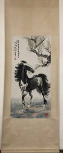 A Magnificent Chinese Ink Painting Hanging Scroll By Xu Beihong: A Magnificent Chinese Ink Painting Hanging Scroll By Xu Beihong: Horse Ink and Color on Paper. Size(Without Frame):100cmx47cm 徐悲鸿 骏马图