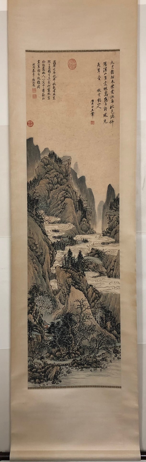 A Chinese Ink Painting Hanging Scroll By Wang Hui: A Chinese Ink Painting Hanging Scroll By Wang Hui: Landscape and Figure. Ink and Color on Paper. Size:147cm×41cm 王翚 山水图