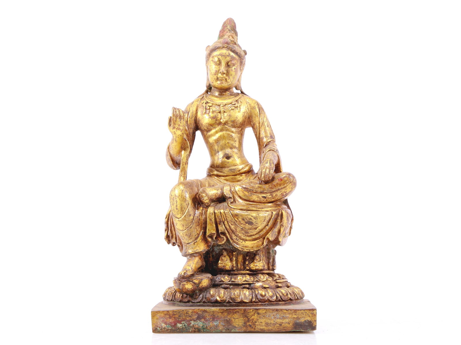A sacred gilt bronze statue of Bodhisattva: A sacred gilt bronze statue of the Bodhisattva. The Bodhisattva's posture is graceful and peaceful, embodying compassion and wisdom. The sculptures may be richly decorated with ornate cassocks, jewelr