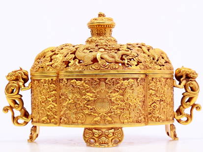 A Brilliant Gilt-Bronze 'Dragon& Auspicious Cloud' Censer: A Brilliant Gilt-Bronze 'Dragon& Auspicious Cloud' Censer. Cast with scaly, sinuous dragons writhing amidst dense clouds. Chinese Qing Dynasty. Size:28cmx18cmx17cm. Weight:3115g 清代 Ž