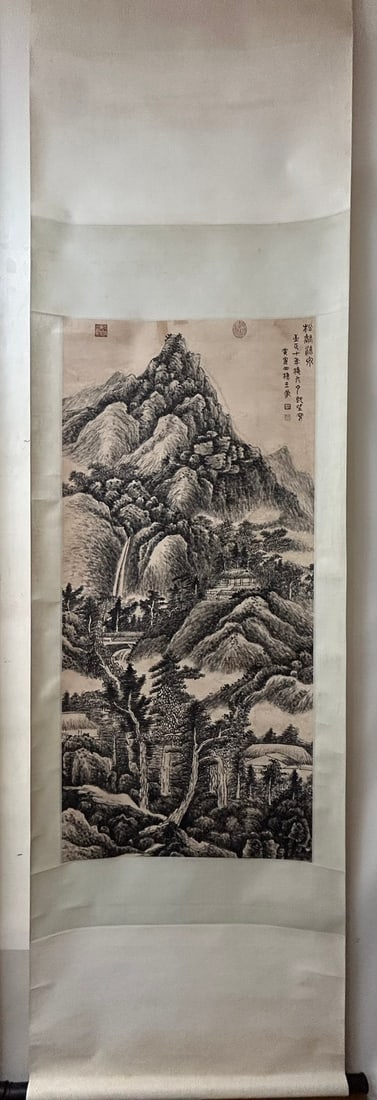 An Exquisite Chinese Ink Painting Hanging Scroll By Wang Meng: An Exquisite Chinese Ink Painting Hanging Scroll By Wang Meng: Landscape Ink And Color On Paper. Size(Without The Frame):138cmx67cm. 王蒙，自然风景